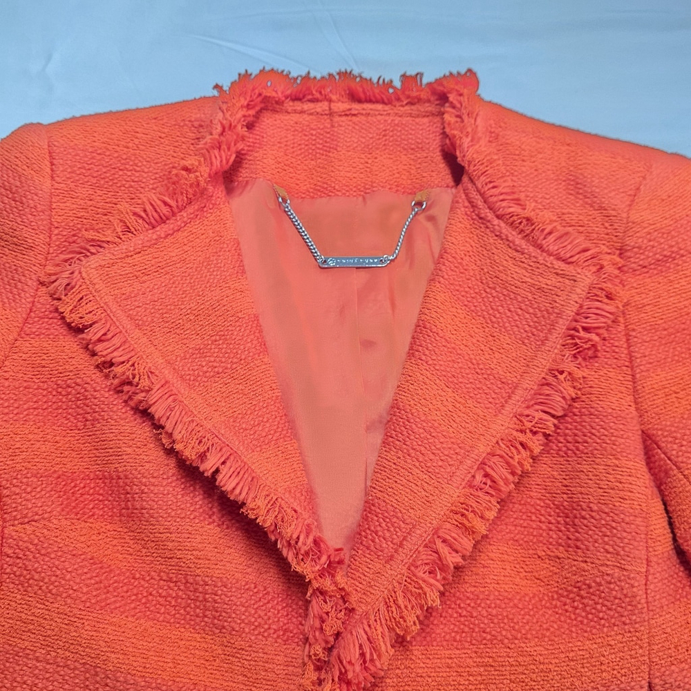 Modern Bohemia Trina Turk Tweed Blazer Women 0 Orange Fringe Trim Cropped Jacket - Picture 7 of 12